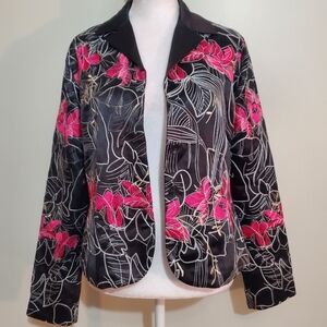 Chico's silk blend black pink metallic gold floral embroidered blazer jacket S